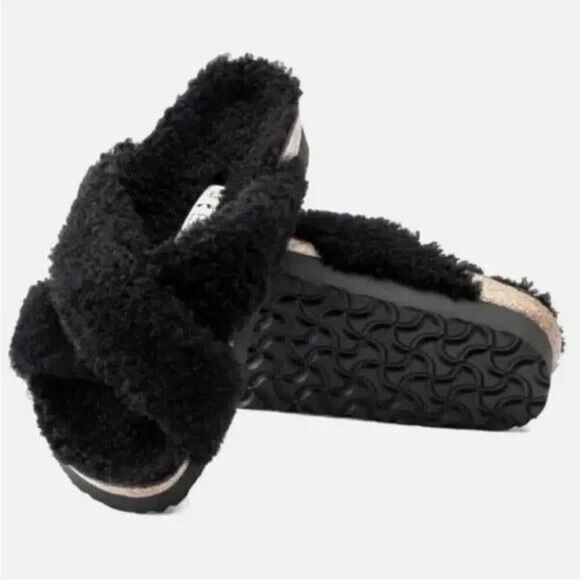 Papilio Birkenstock Black Teddy Sherpa Fuzzy Sandals Size 10/41 - Picture 2 of 9